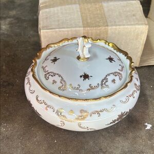 Reichenbach Kobalt Gobalt Elegant White + Gold Floral Bowl with Lid BoneBone New